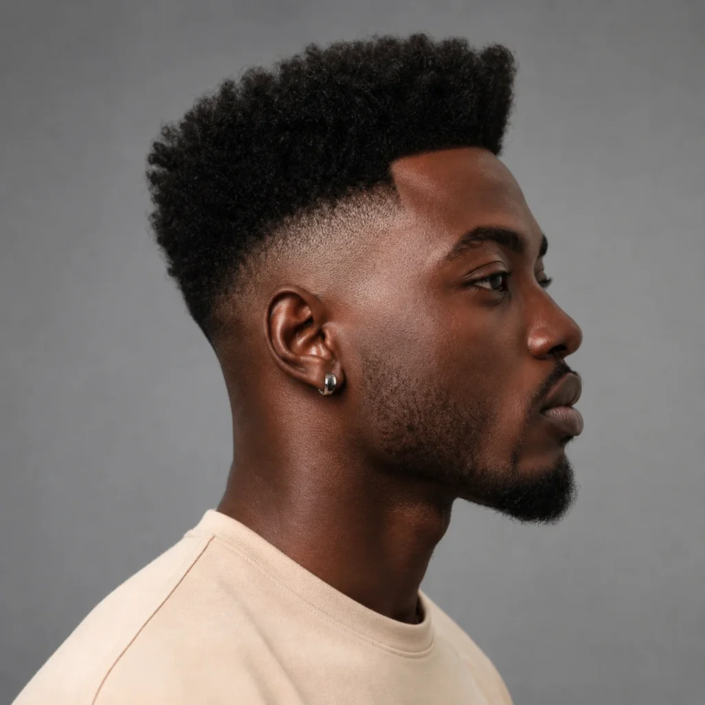 Pandangan sisi seorang lelaki dengan potongan rambut **mid fade yang tajam** dan bahagian atas bertekstur, memakai kemeja warna beige cerah dengan latar belakang gradient yang bersih, menampilkan gaya rambut fade moden untuk lelaki.
