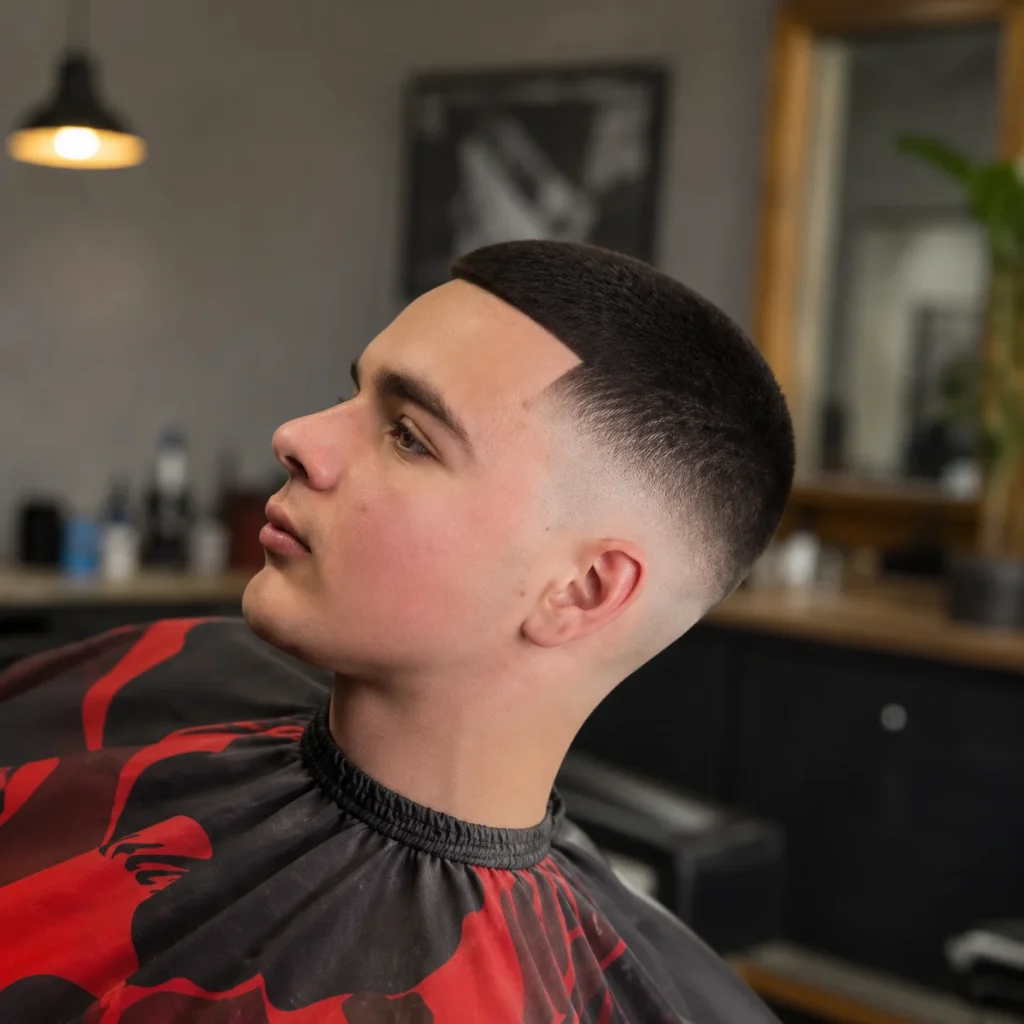 Potongan rambut buzz cut high fade yang tajam dengan skin fade rapi dan lineup yang presisi, ditata dalam suasana barbershop modern untuk tampilan segar dan maskulin.