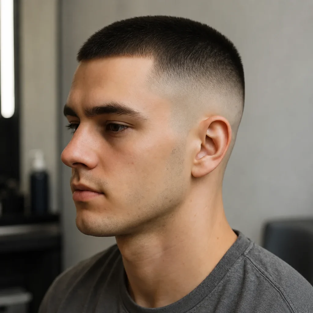 Gaya rambut high fade buzz cut dengan garis rambut (line up) yang rapi dan fade yang tajam, tampilan potongan rambut pria dari sisi profil.
