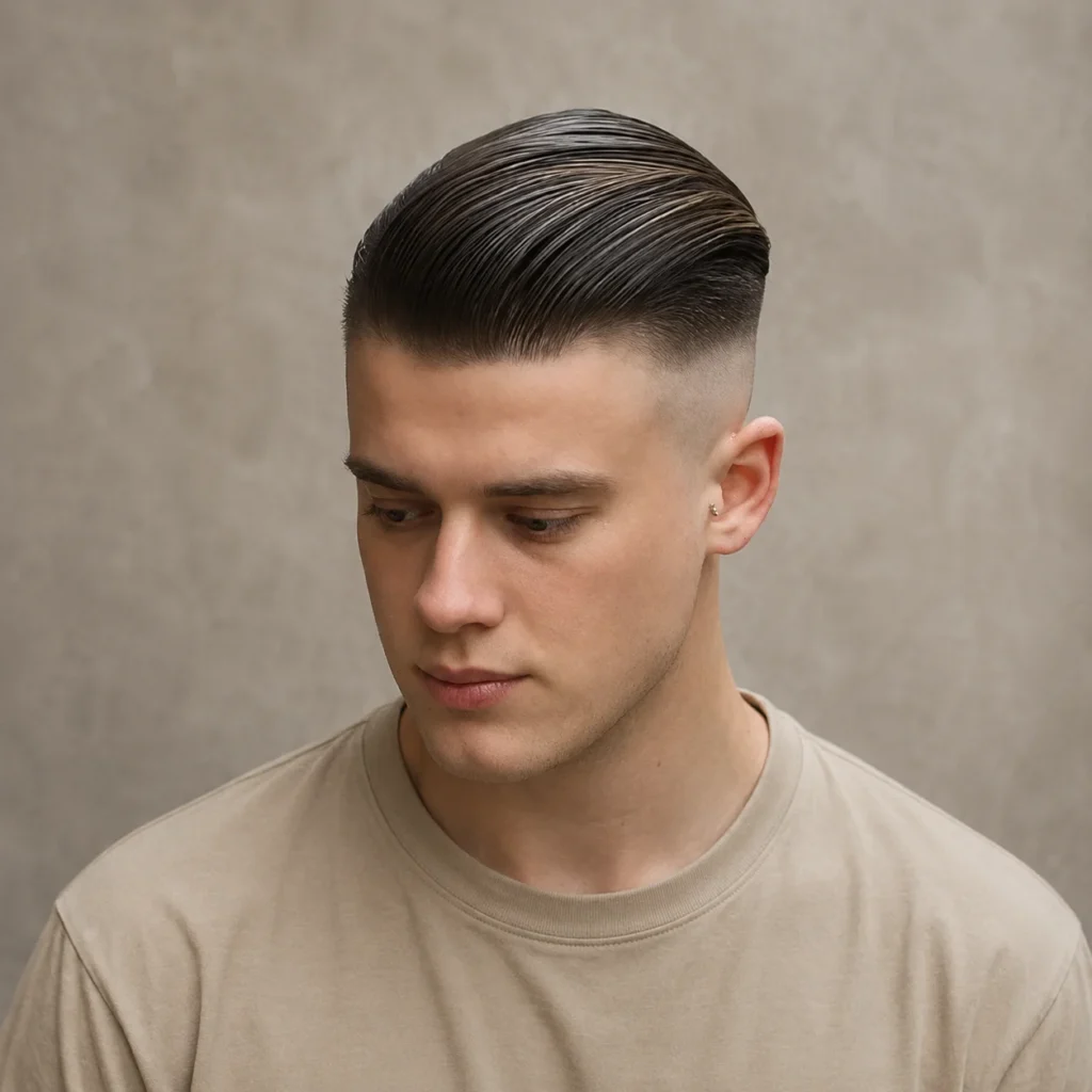 Pria muda dengan gaya rambut slicked-back comb over dan potongan skin fade rapi, mengenakan kaos berwarna krem dengan latar studio netral yang lembut.