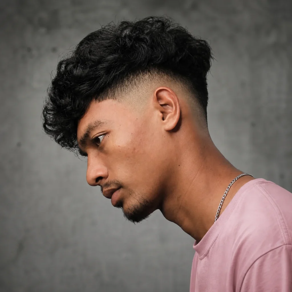 Close-up tampak samping seorang pria dengan rambut curly textured di bagian atas dan potongan mid fade yang rapi, menampilkan gaya rambut fade modern dengan latar belakang netral yang lembut.
