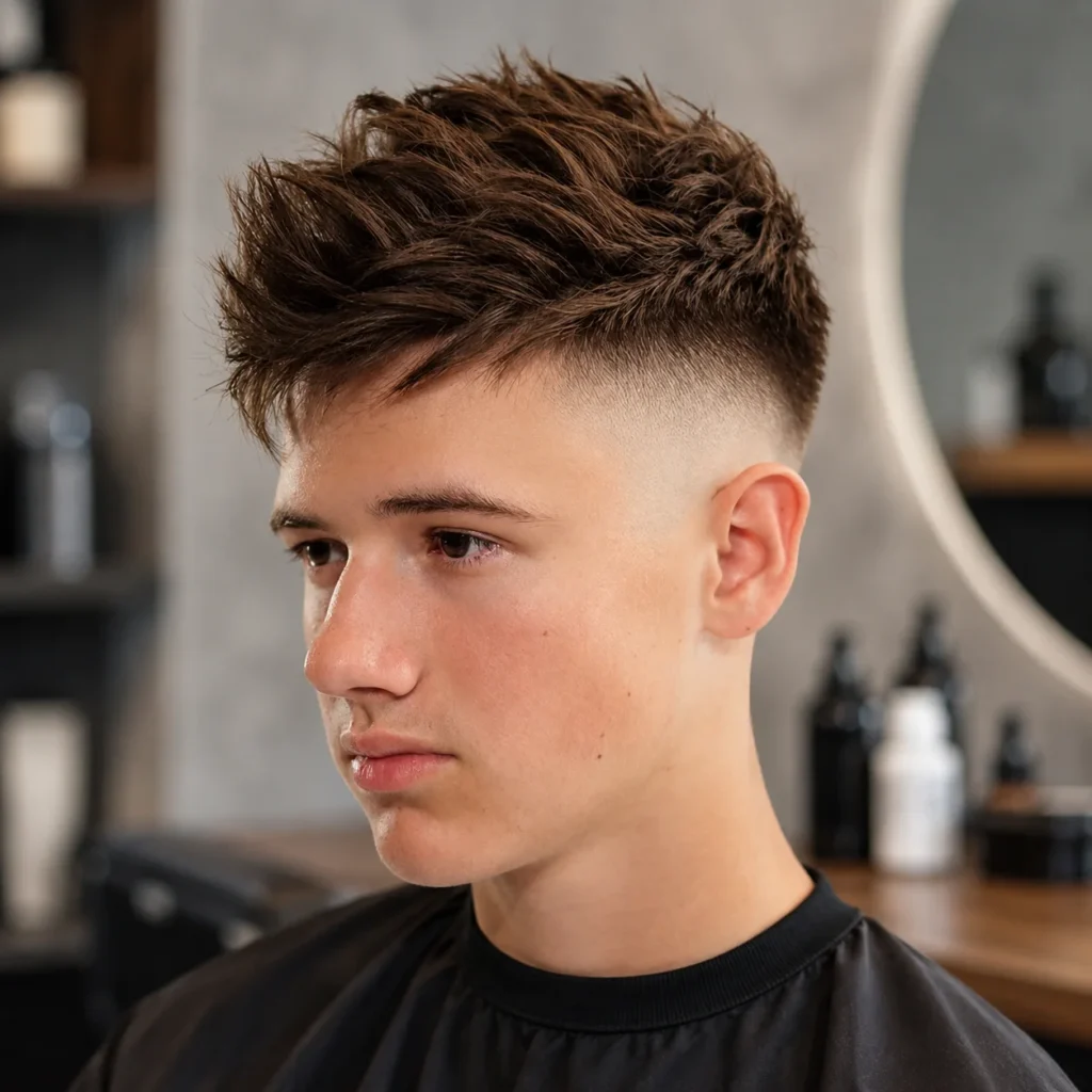 Potongan rambut textured crop yang trendi dengan high skin fade dan bagian atas yang ditata berantakan, dalam barbershop modern sebagai inspirasi gaya fade haircut pria yang stylish.