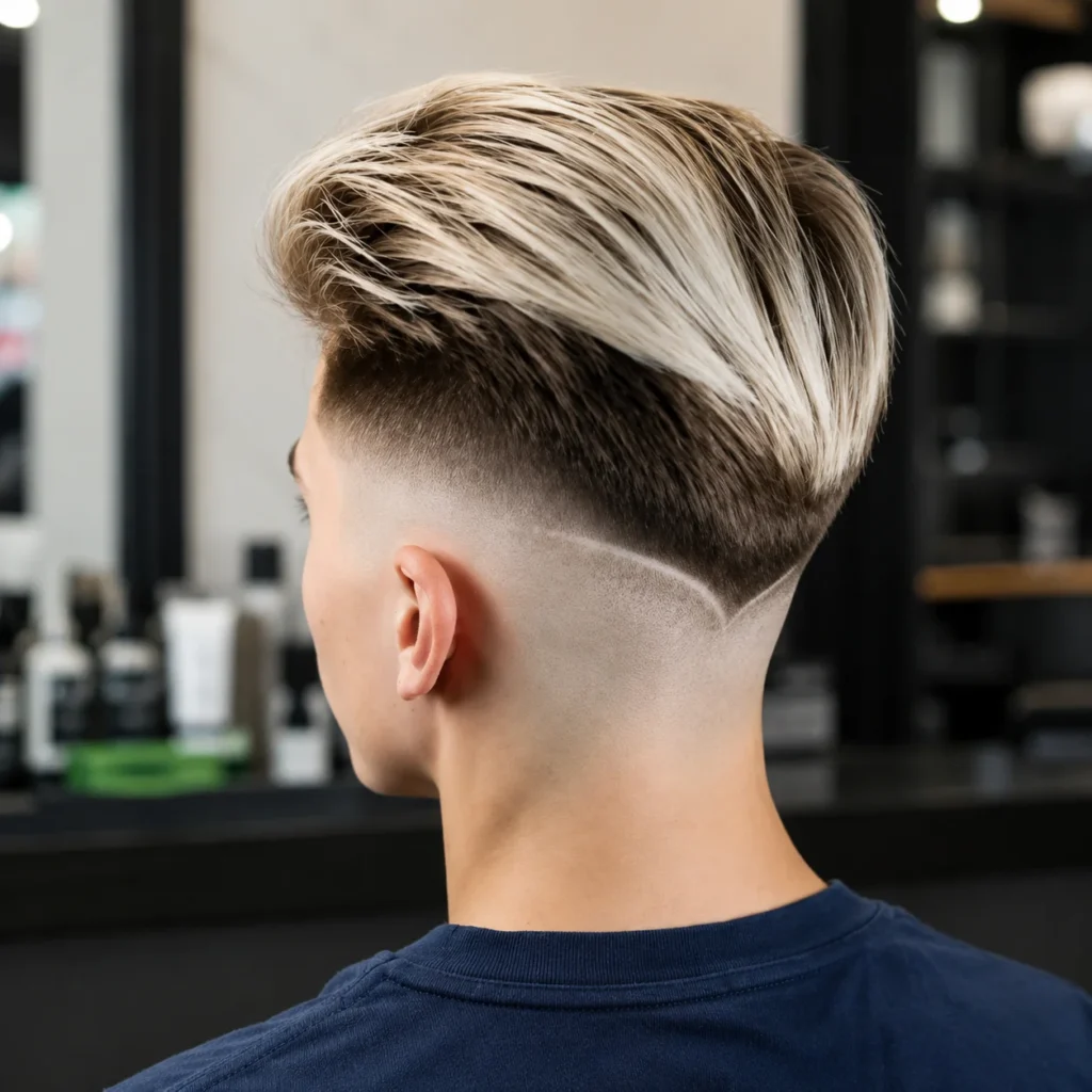 Potongan rambut high fade modern dengan rambut panjang bertekstur pirang di bagian atas dan skin fade rapi di sisi samping, menampilkan desain garis cukur yang tajam di bagian belakang dalam suasana barbershop profesional.