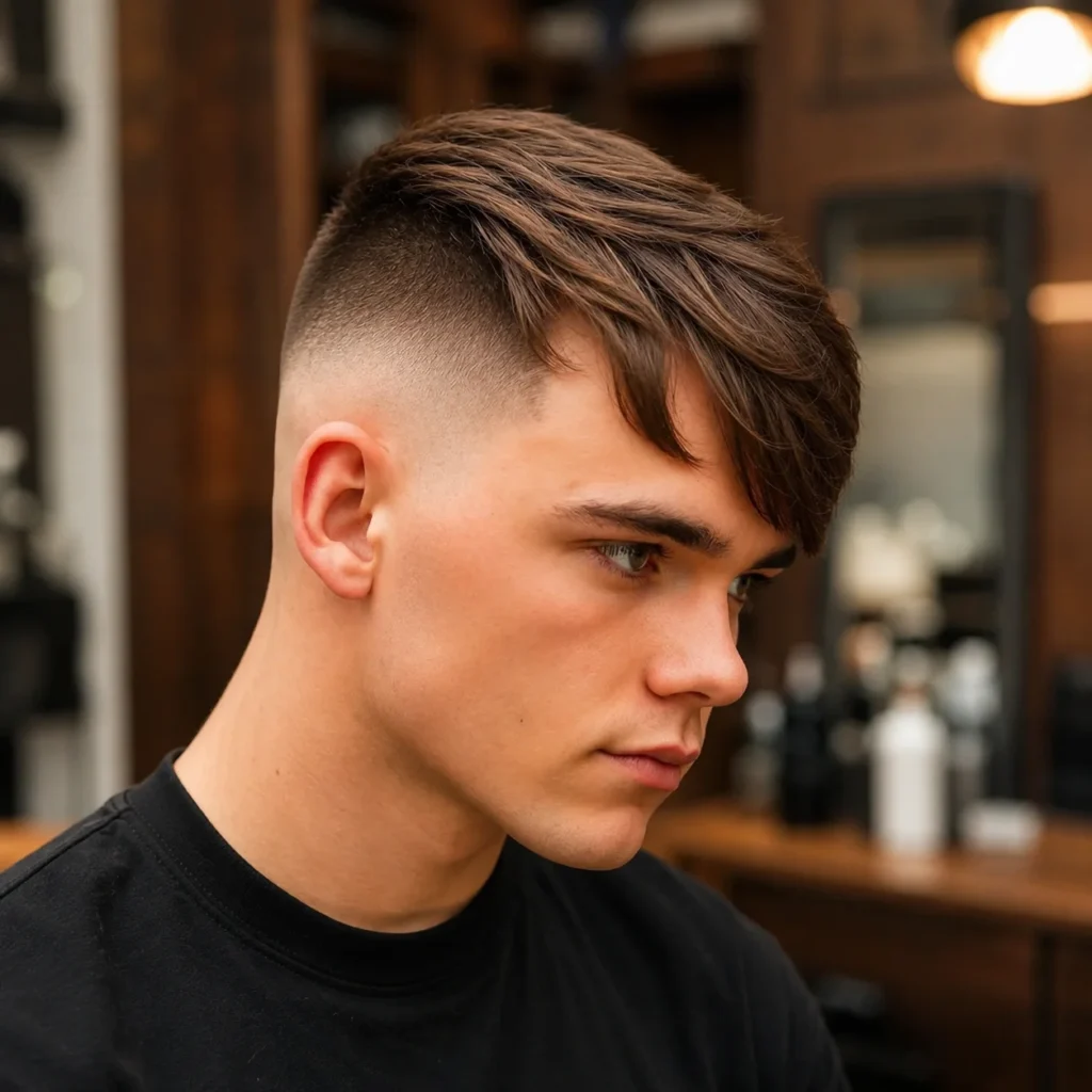 Potongan rambut high fade stylish dengan bagian atas rambut bertekstur yang disisir ke samping dan sisi yang difade rapi, menciptakan tampilan barber modern yang tajam untuk rambut lurus.