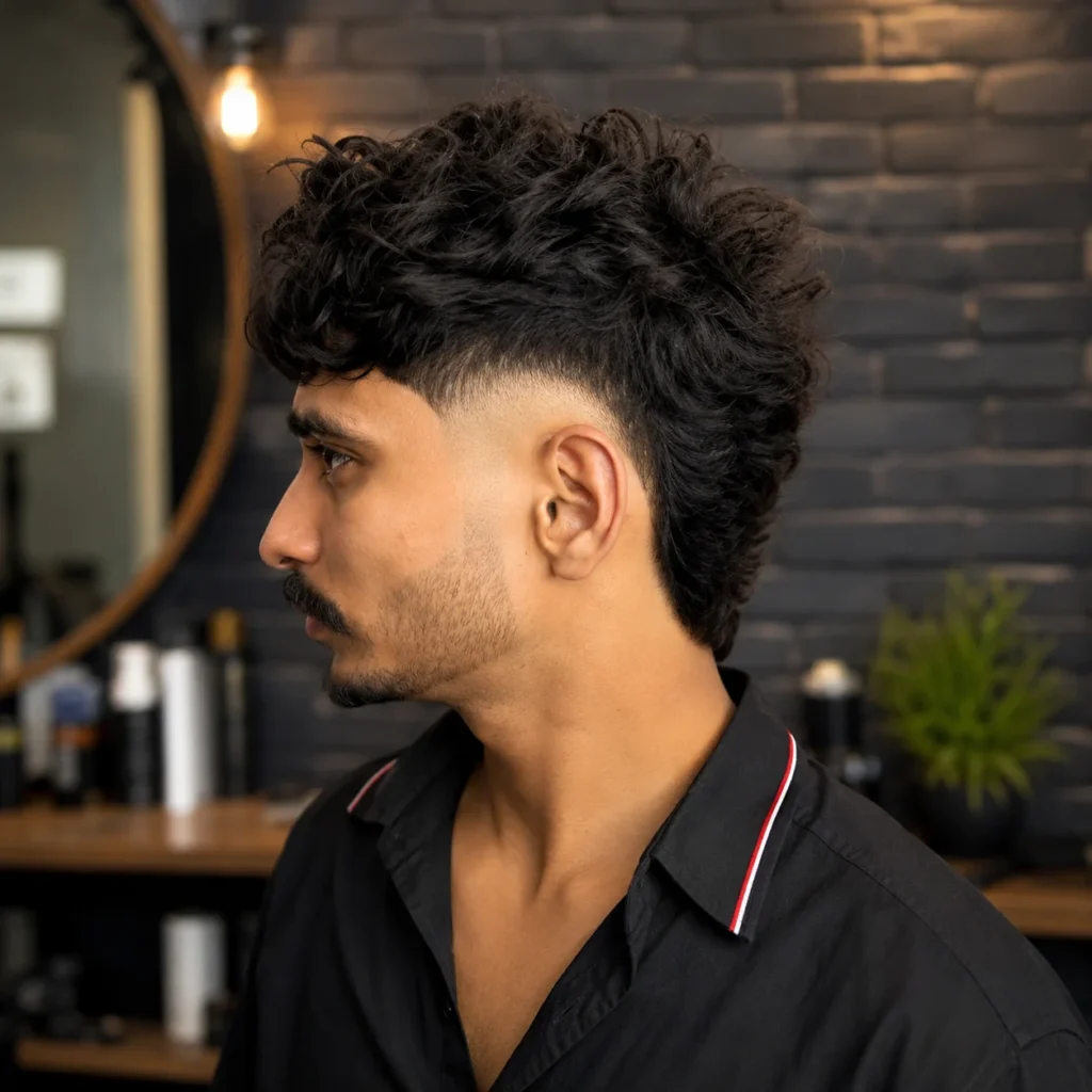 Potongan rambut mullet fade bertekstur keriting dengan low skin fade yang tajam dan perpaduan janggut yang rapi, tampilan samping gaya rambut pria yang stylish dengan kemeja hitam di latar belakang barbershop modern – fadehaircut.blog

