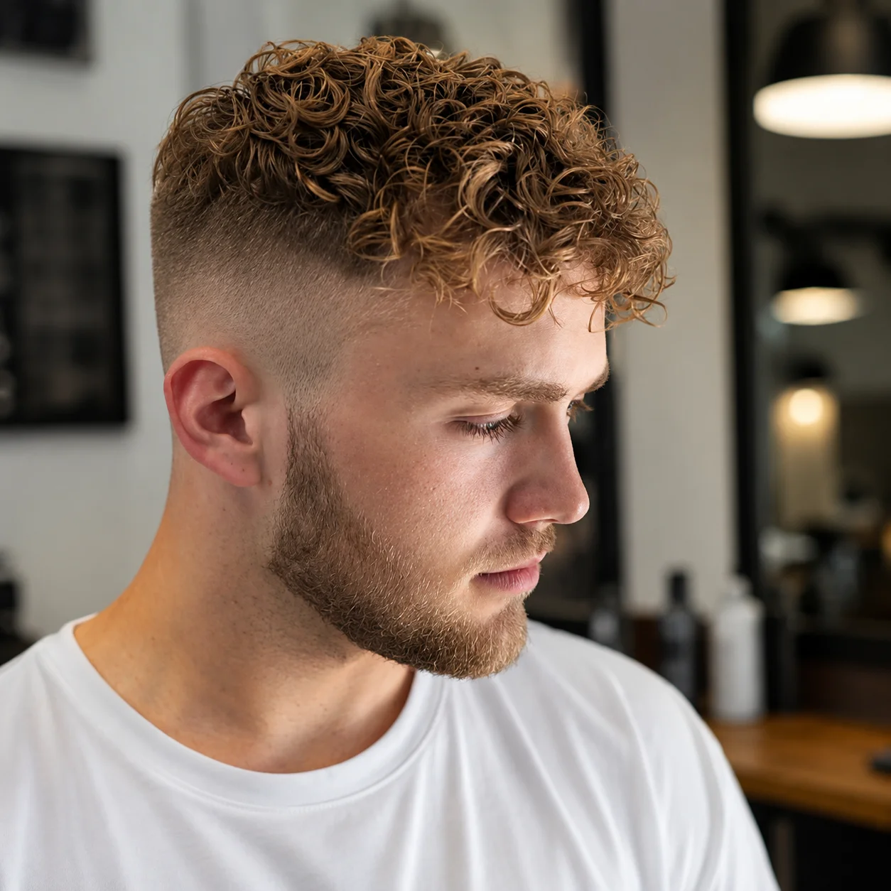 Pria dengan rambut keriting bertekstur dan potongan high fade yang tajam, duduk di barbershop modern dengan janggut yang dipangkas rapi dan kaos putih.