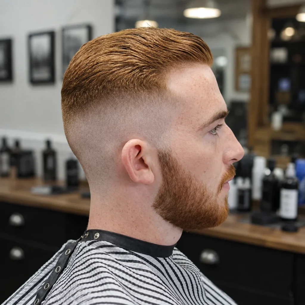Pria dengan potongan rambut high fade yang tajam dan bagian atas yang ditata, duduk di barbershop modern dengan janggut rapi serta cape barber bergaris yang bersih dan stylish.