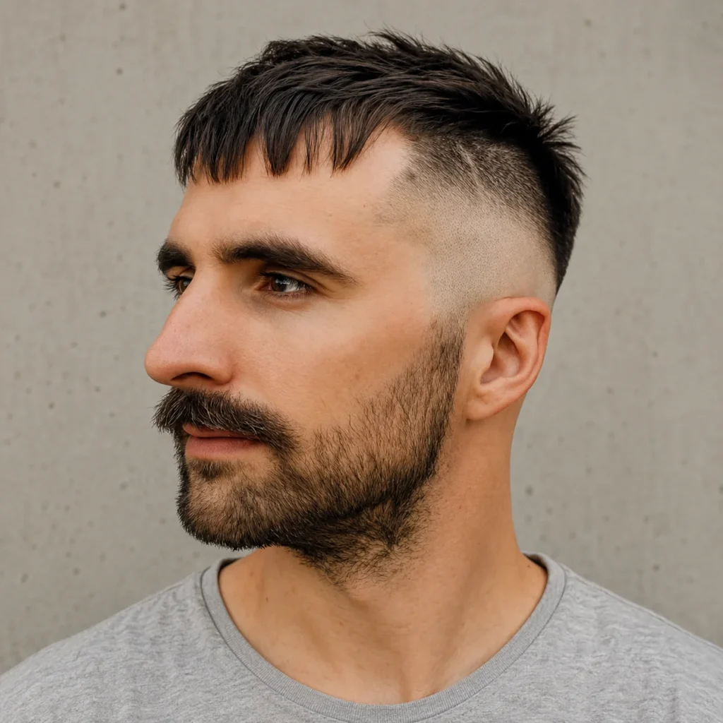 Tampilan samping seorang pria dengan potongan rambut textured French crop dan high skin fade, dipadukan dengan janggut penuh, mengenakan kaos abu-abu dengan latar belakang netral yang bersih.