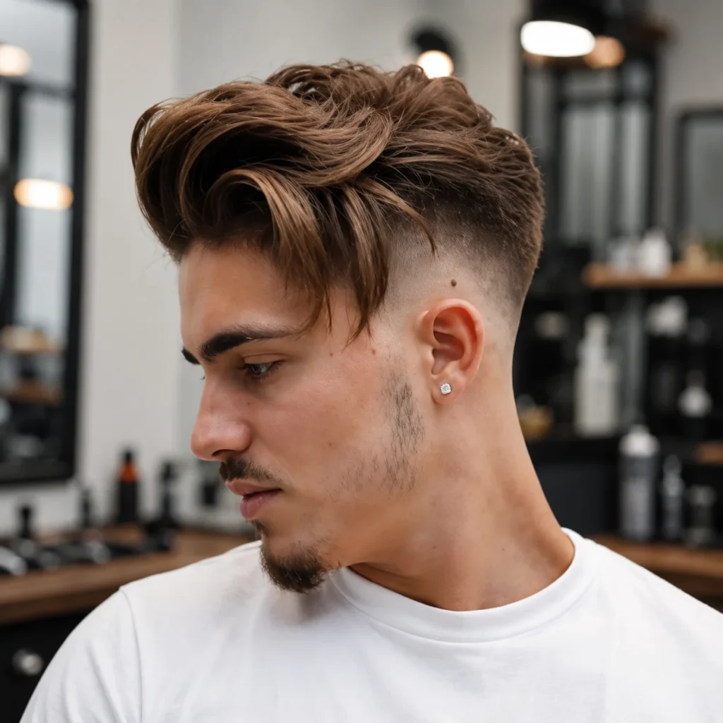 Pria dengan gaya rambut textured quiff yang stylish dan potongan high fade, dengan highlight cokelat pada rambut, janggut yang dipangkas rapi, serta latar belakang barbershop modern.