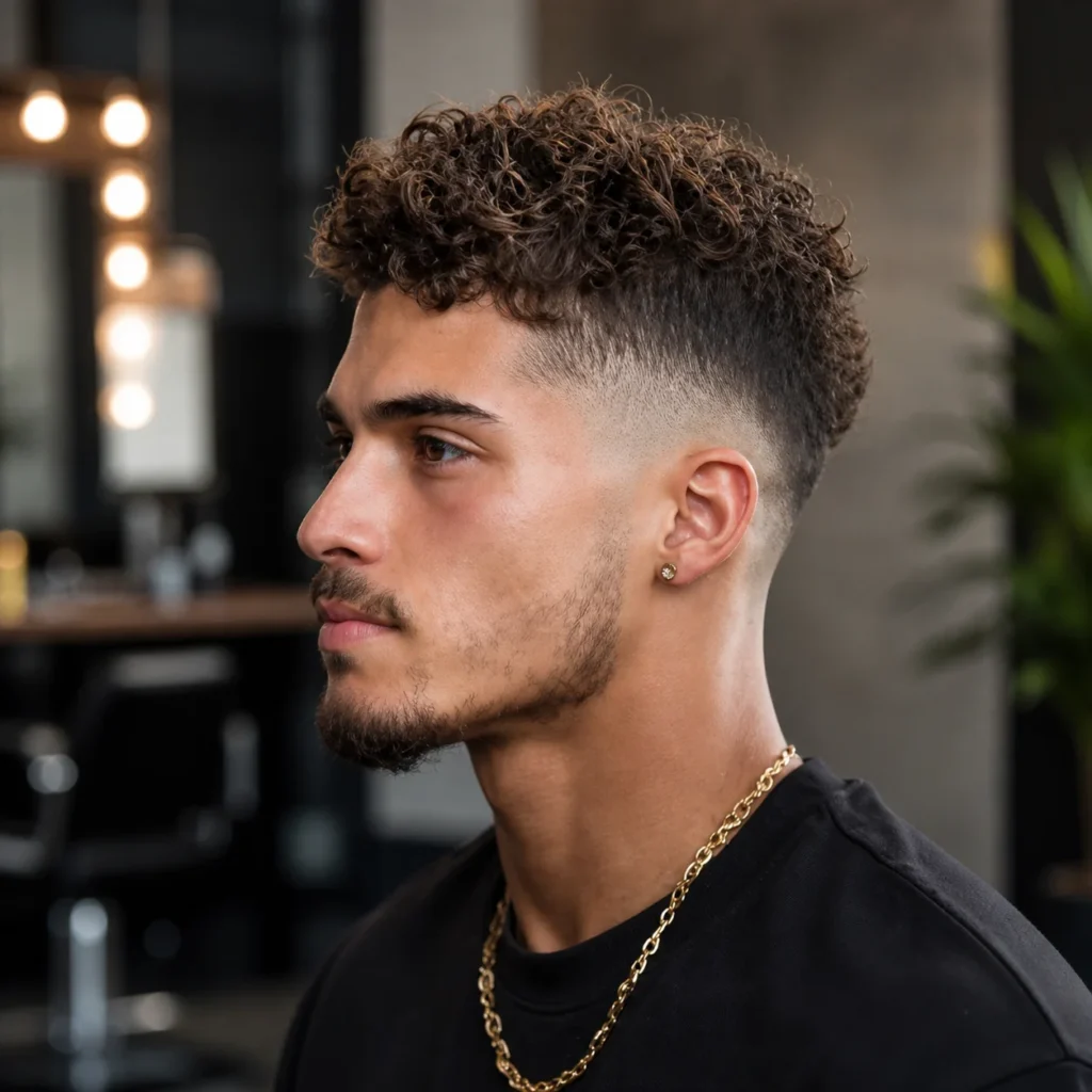Curly textured crop dengan potongan mid fade, tampak samping seorang pria dengan janggut yang tajam dan fade yang menyatu rapi, menampilkan gaya fade haircut pria yang modern dan stylish untuk website fade haircut.
