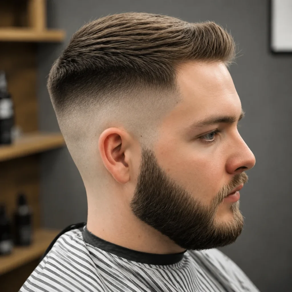 Side profile seorang pria muda dengan potongan rambut high fade yang bersih dan janggut penuh, mengenakan cape barber bergaris di barbershop profesional, menampilkan potongan rambut fade pria yang stylish.
