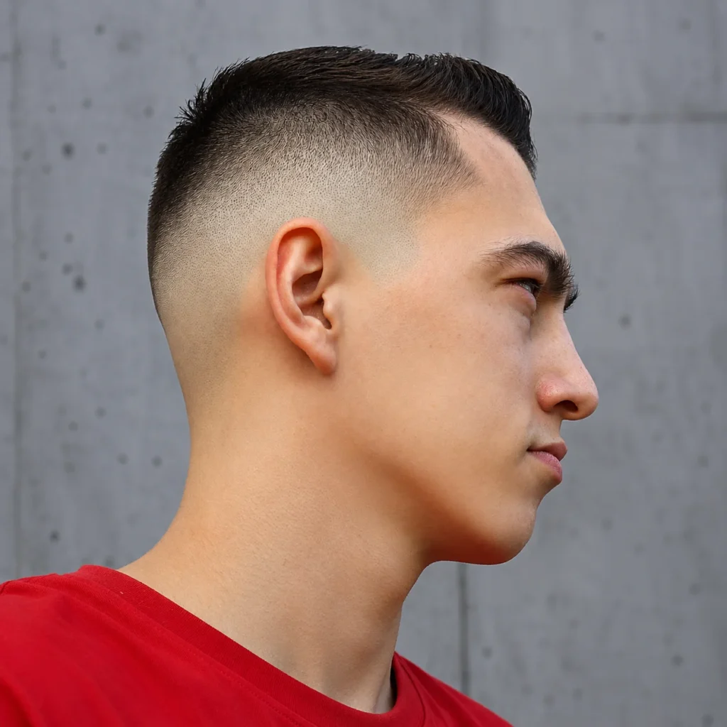 Tampilan samping seorang pria muda dengan potongan rambut skin fade rapi dan bagian atas pendek bertekstur, menampilkan sisi samping yang sangat tipis dan tajam serta gaya fade rambut pria modern ala barber.