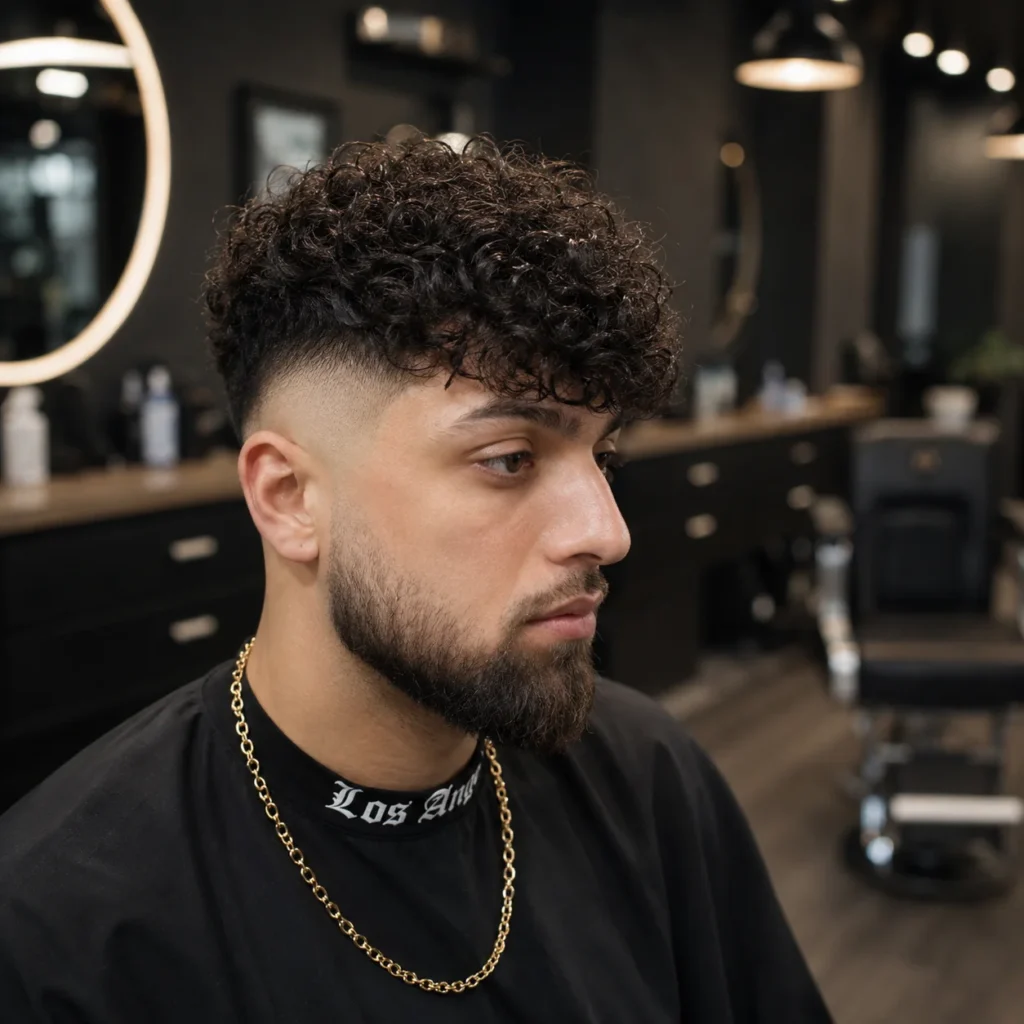 Potongan rambut curly top fade dengan skin fade rapi dan gaya janggut yang tajam, dalam barbershop modern sebagai inspirasi tren fade haircut pria.