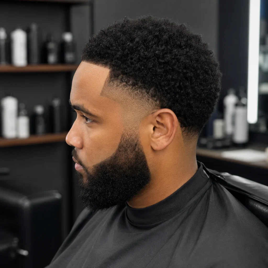 Tampak samping seorang pria kulit hitam dengan potongan rambut curly taper fade, edge up tajam, janggut tebal penuh, dan ikal bertekstur yang ditata rapi di barbershop modern dengan tampilan profesional yang bersih.
