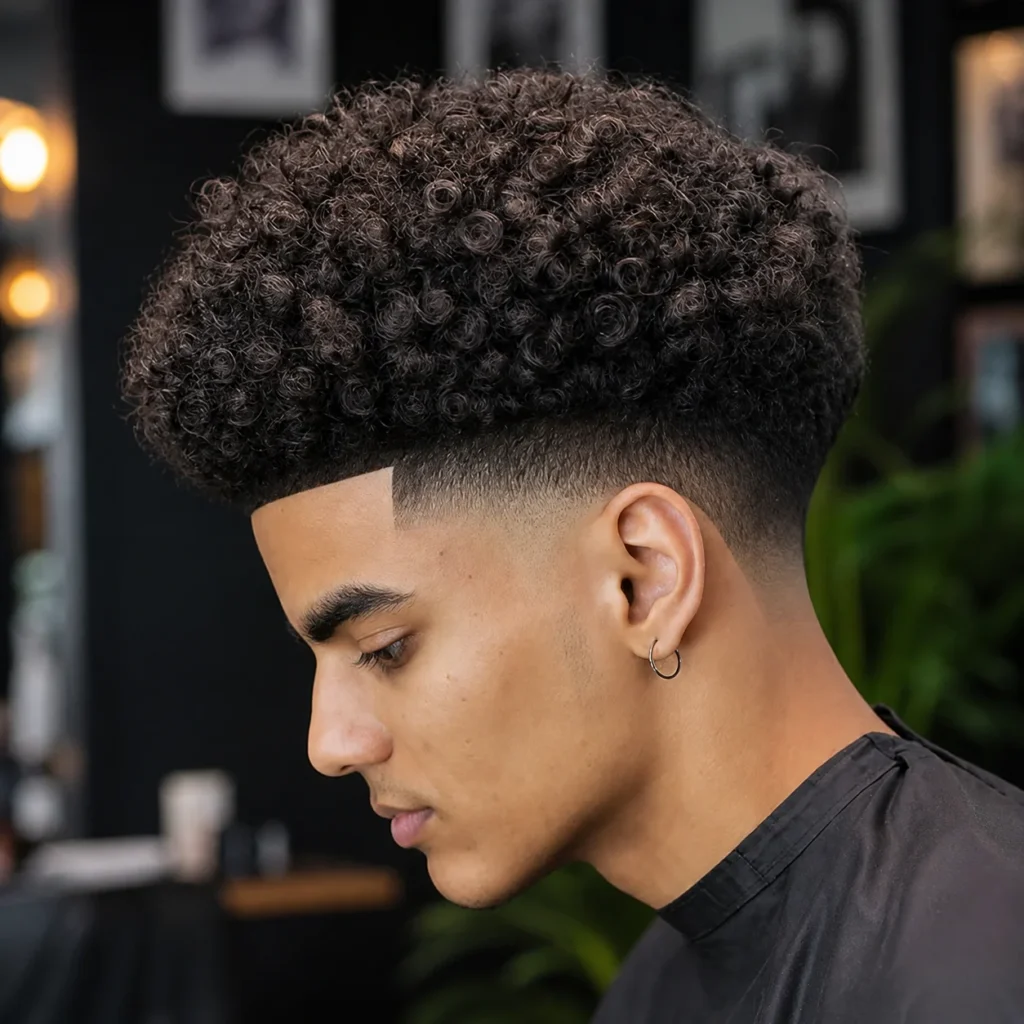 Potongan rambut high taper fade dengan bagian atas keriting yang tebal dan rapat serta garis rambut yang tajam, tampilan samping seorang pemuda dengan tepian rambut yang rapi dan gaya modern di dalam barbershop.
