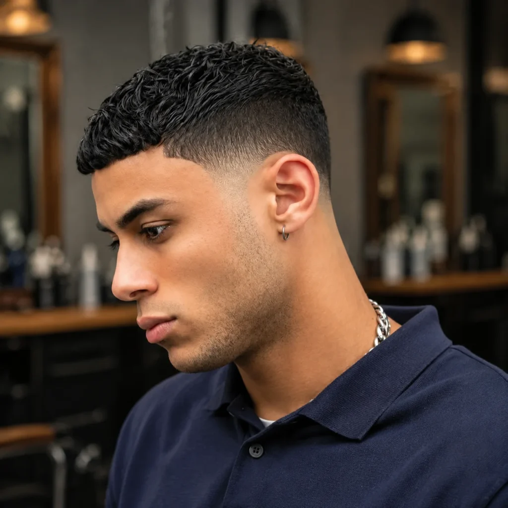 Pria muda dengan potongan rambut curly taper fade di barbershop.
