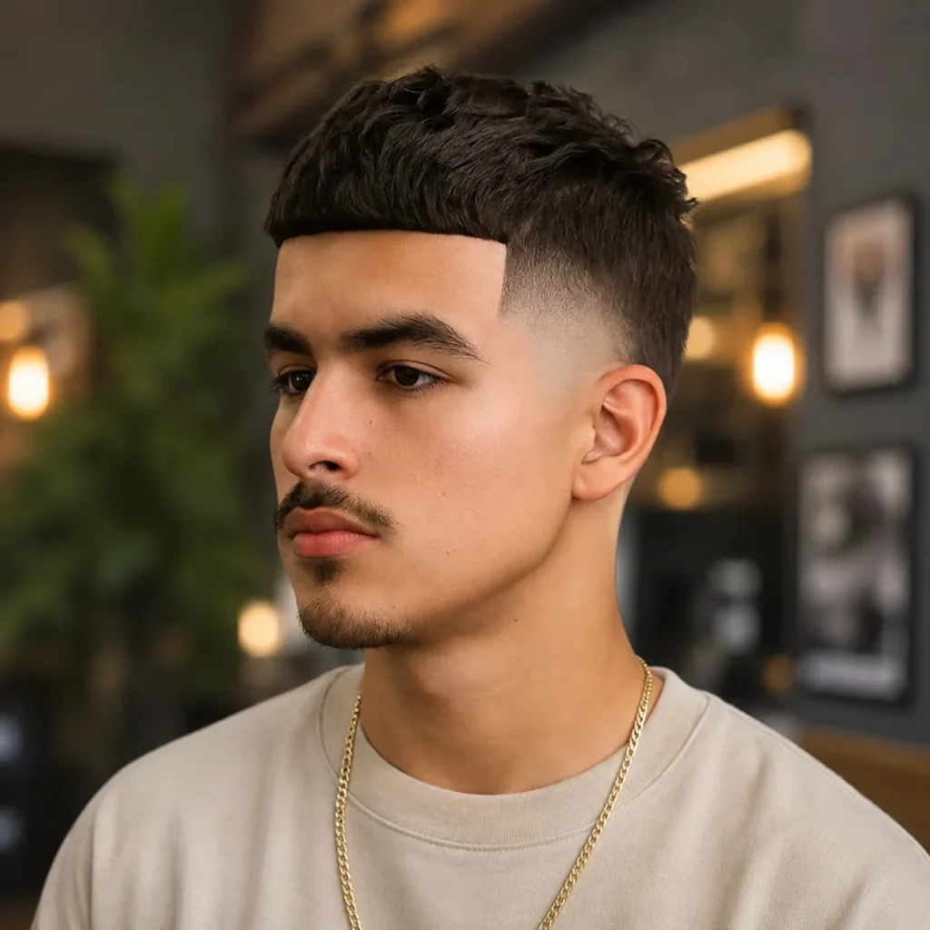 Potongan rambut high taper fade modern dengan textured crop di bagian atas dan lineup yang tajam, menampilkan rambut gelap alami, sisi skin fade yang bersih, serta inspirasi grooming pria stylish untuk tren fade haircut 2026.