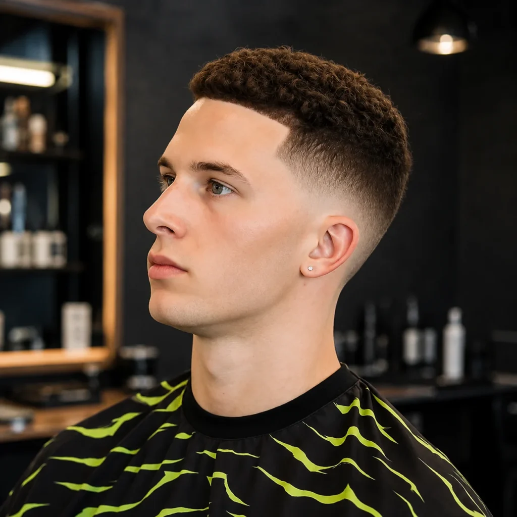 Potongan rambut high taper fade yang stylish dengan bagian atas keriting bertekstur dan lineup yang tajam, dalam suasana barbershop modern sebagai inspirasi gaya rambut pria.