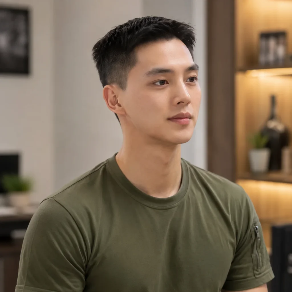 Lelaki muda dengan potongan rambut military fade pendek, memakai kemeja gaya tentera berwarna hijau olive dalam suasana dalaman moden.
