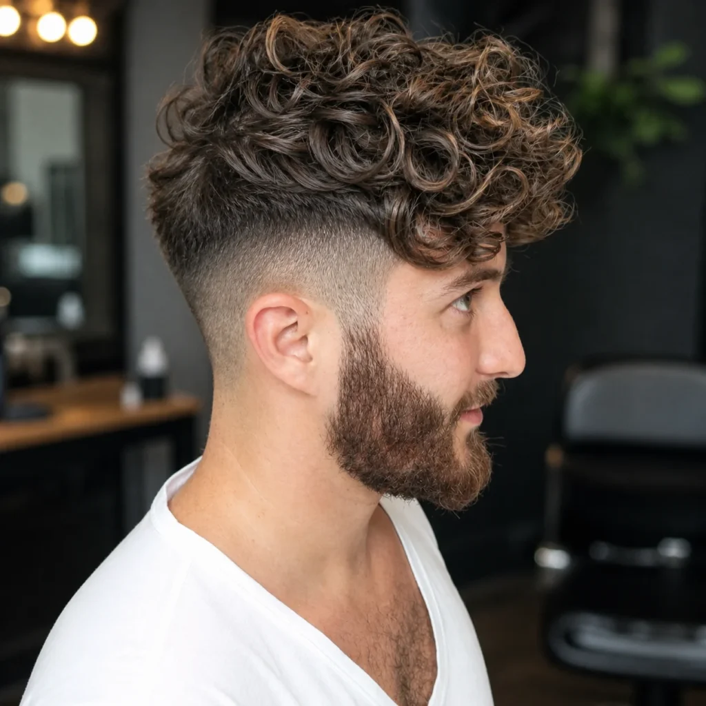 Gaya rambut curly textured top dengan low fade serta janggut penuh, tampilan samping seorang pria dengan volume rambut natural dan latar belakang barbershop bergaya modern yang rapi.
