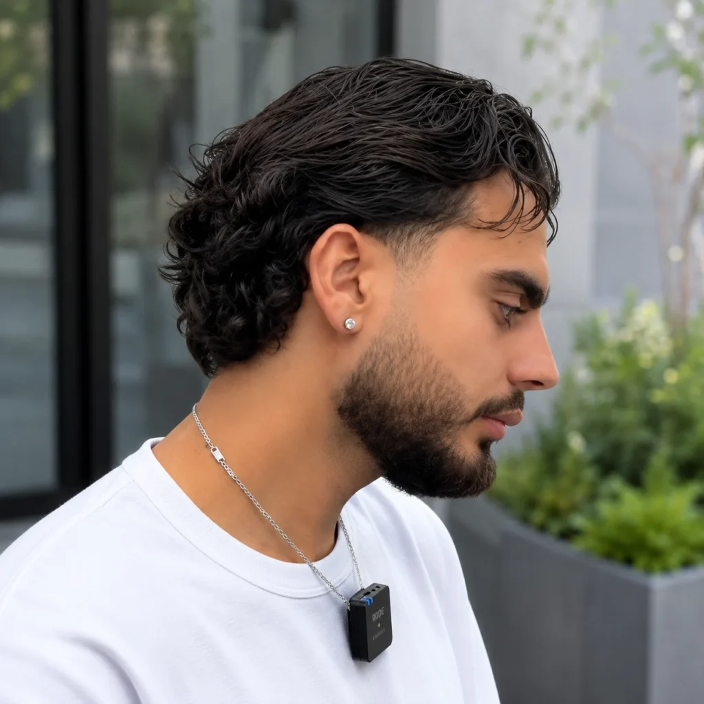 Potongan rambut low taper fade yang stylish dengan rambut gelap keriting bertekstur dan janggut penuh, potret profil samping dengan latar belakang luar ruangan modern.
