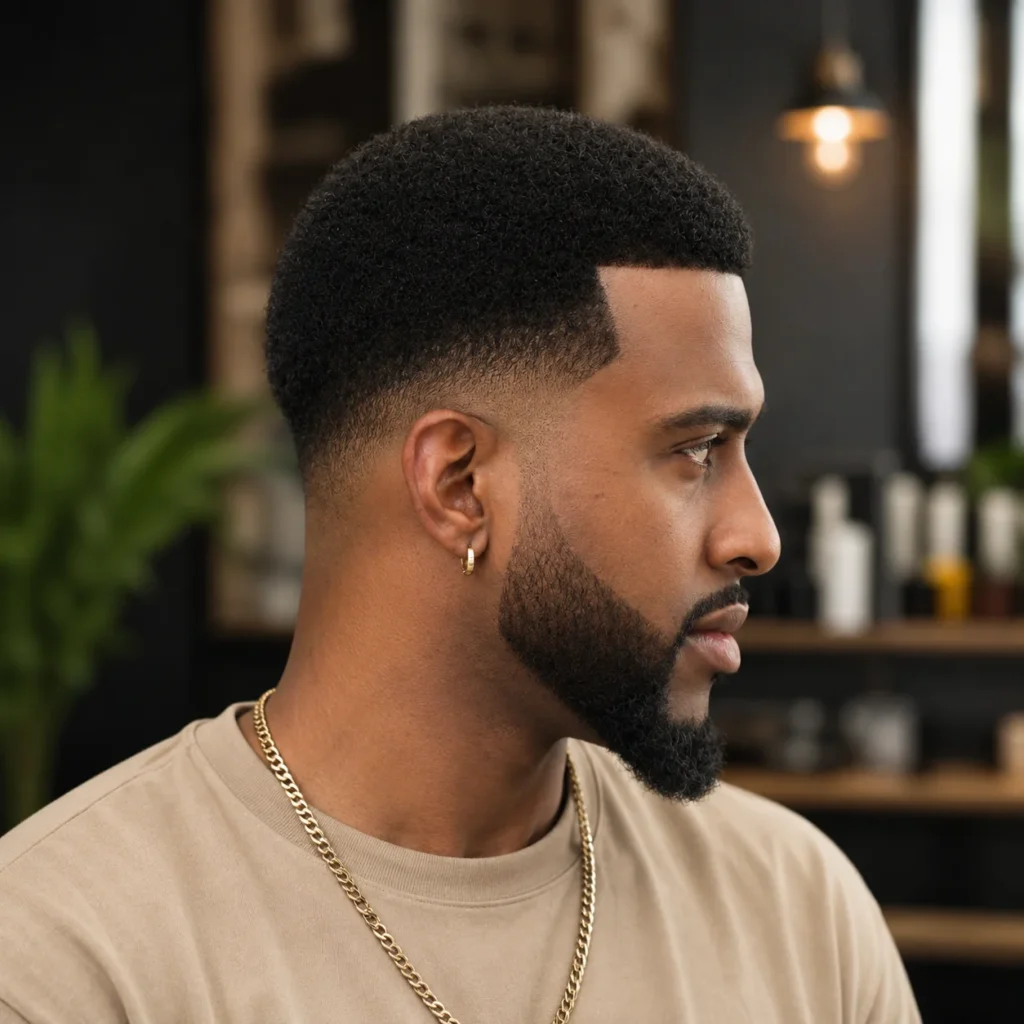 Side profile seorang pria dengan **clean taper fade haircut** dan **sharp beard lineup**, menampilkan rambut afro pendek bertekstur dengan perpaduan fade yang halus. Gaya **modern fade haircut** ini ditata dalam suasana barbershop profesional indoor dengan latar belakang blur yang lembut.
