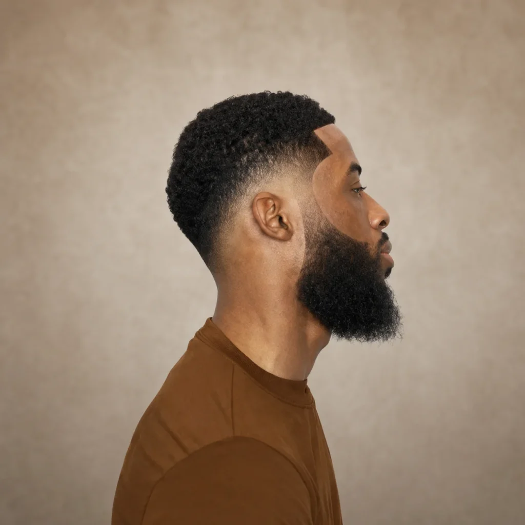 **Low bald fade haircut (Black)** dengan **sharp beard lineup dan textured curly top**, menampilkan gaya rambut pria dari samping dengan perpaduan fade yang halus, rambut keriting bertekstur di bagian atas, serta tampilan yang rapi dan modern.
