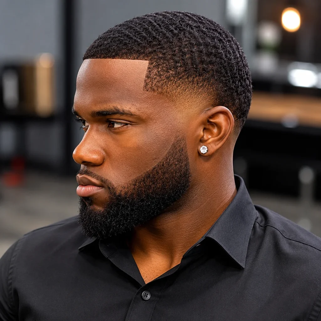 Pria kulit hitam dengan potongan rambut waves dan fade janggut yang tajam, mengenakan kemeja hitam di barbershop modern.
