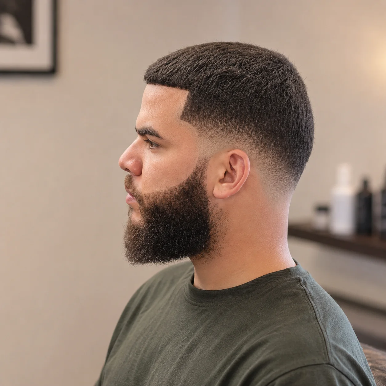 Side profile seorang pria dengan **clean low taper fade haircut** dan janggut penuh, menampilkan transisi fade yang halus berpadu dengan rambut pendek bertekstur di bagian atas. Gaya **modern fade haircut** ini ditata rapi dalam suasana barbershop profesional indoor dengan latar belakang blur yang lembut.
