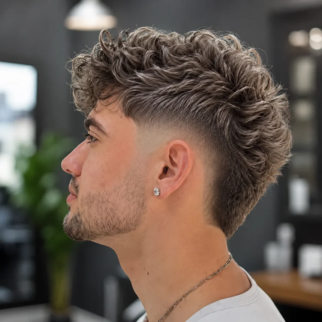 Profil sisi seorang lelaki dengan potongan rambut mid fade yang bergaya dan bahagian atas kerinting bervolum, menampilkan skin fade yang licin serta garisan janggut yang kemas dalam suasana kedai gunting rambut moden.