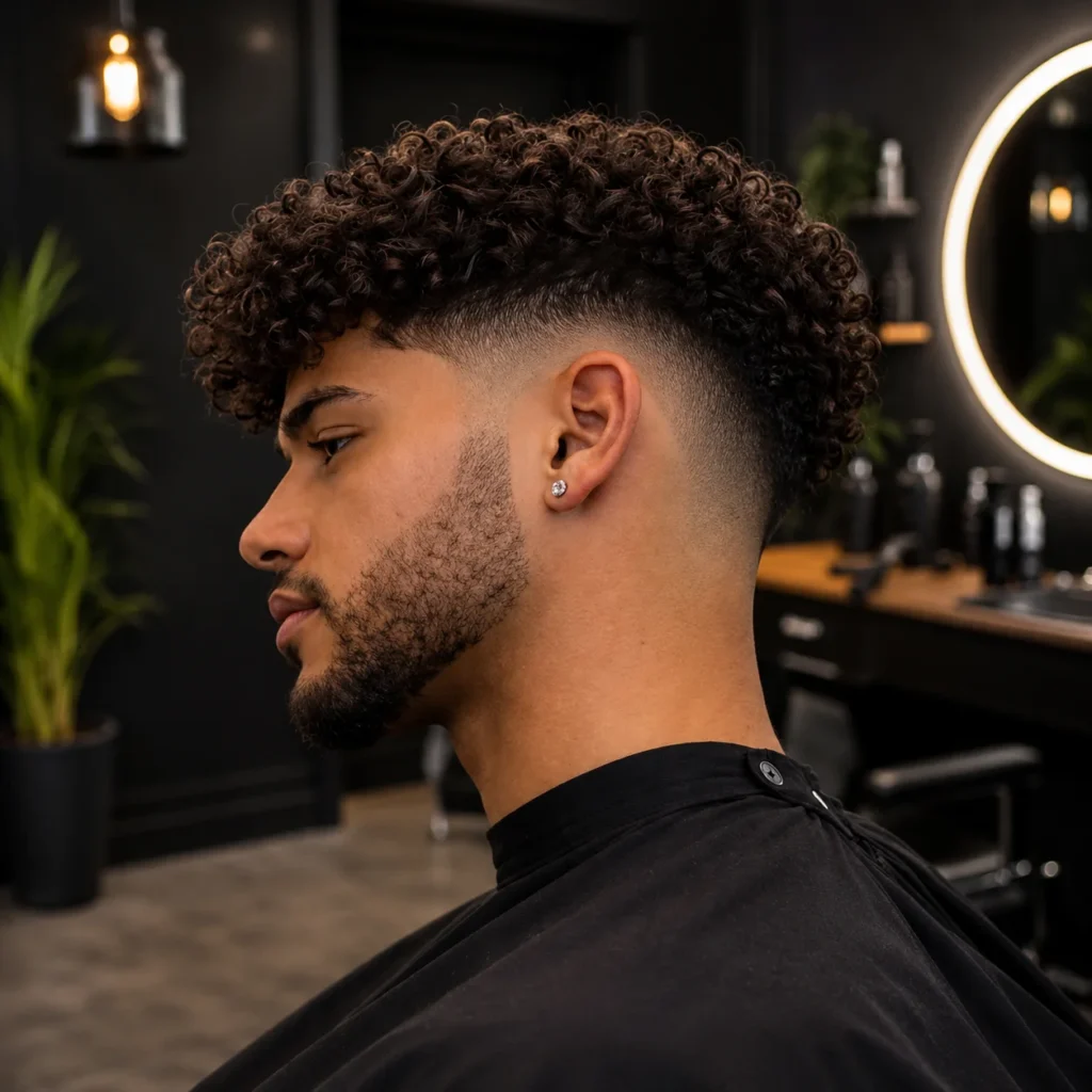 Potongan rambut low burst fade dengan bahagian atas kerinting bertekstur dan beard fade yang tajam, profil sisi dalam suasana kedai gunting rambut moden.