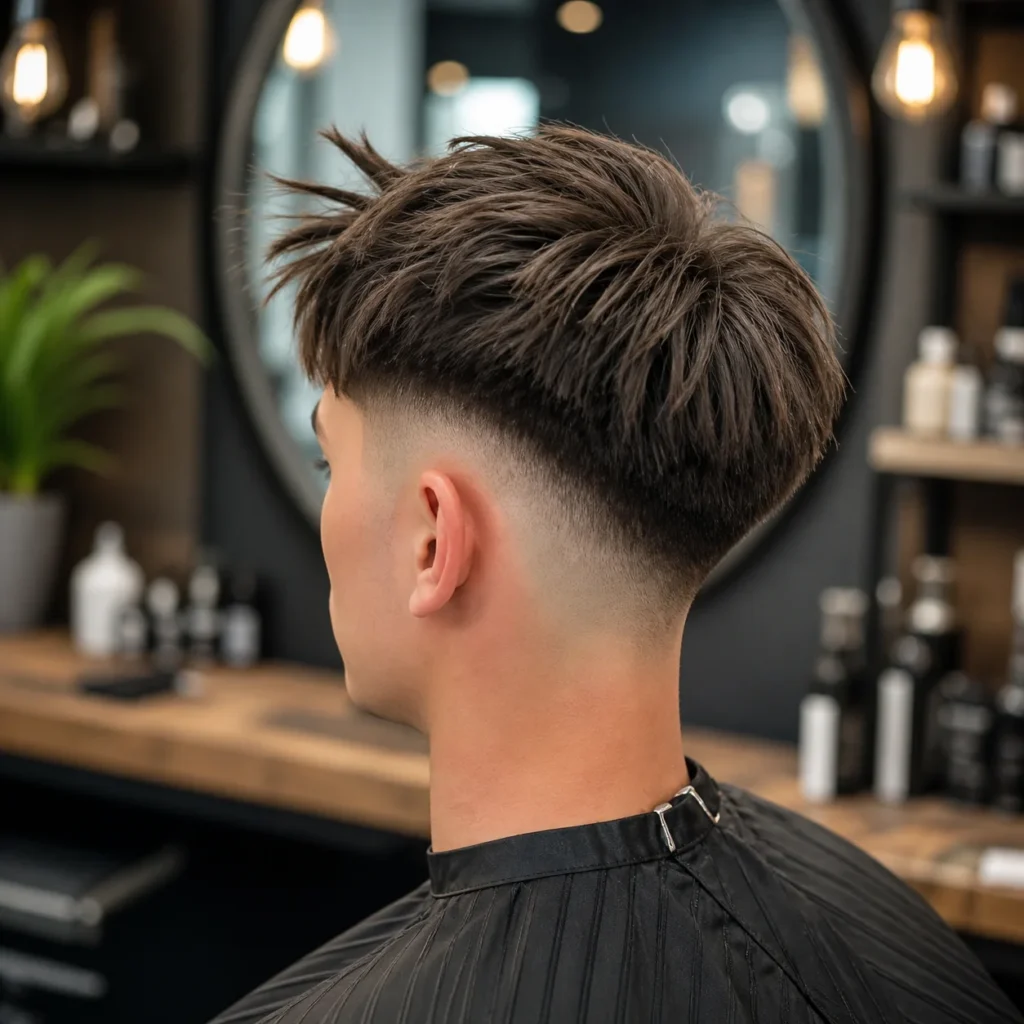 Potongan rambut **low drop fade** dengan skin fade yang bersih dan bahagian atas bertekstur, pandangan sisi belakang gaya rambut lelaki moden dalam suasana kedai gunting rambut profesional – fadehaircut.blog

