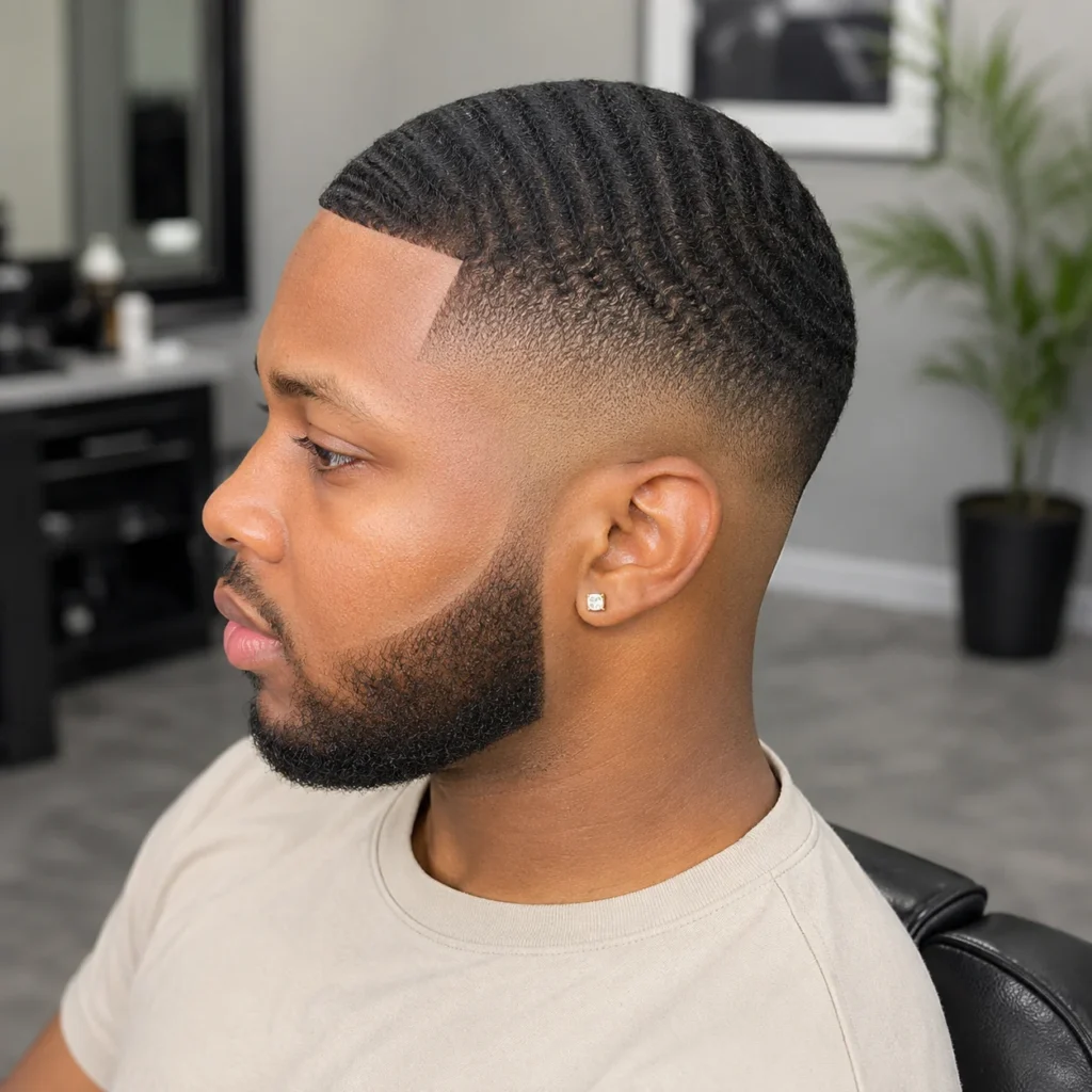 Potongan rambut low drop fade dengan 360 waves yang dalam dan garis janggut tajam pada pria kulit hitam di barbershop modern – inspirasi gaya rambut fade yang rapi untuk fadehaircut.blog
