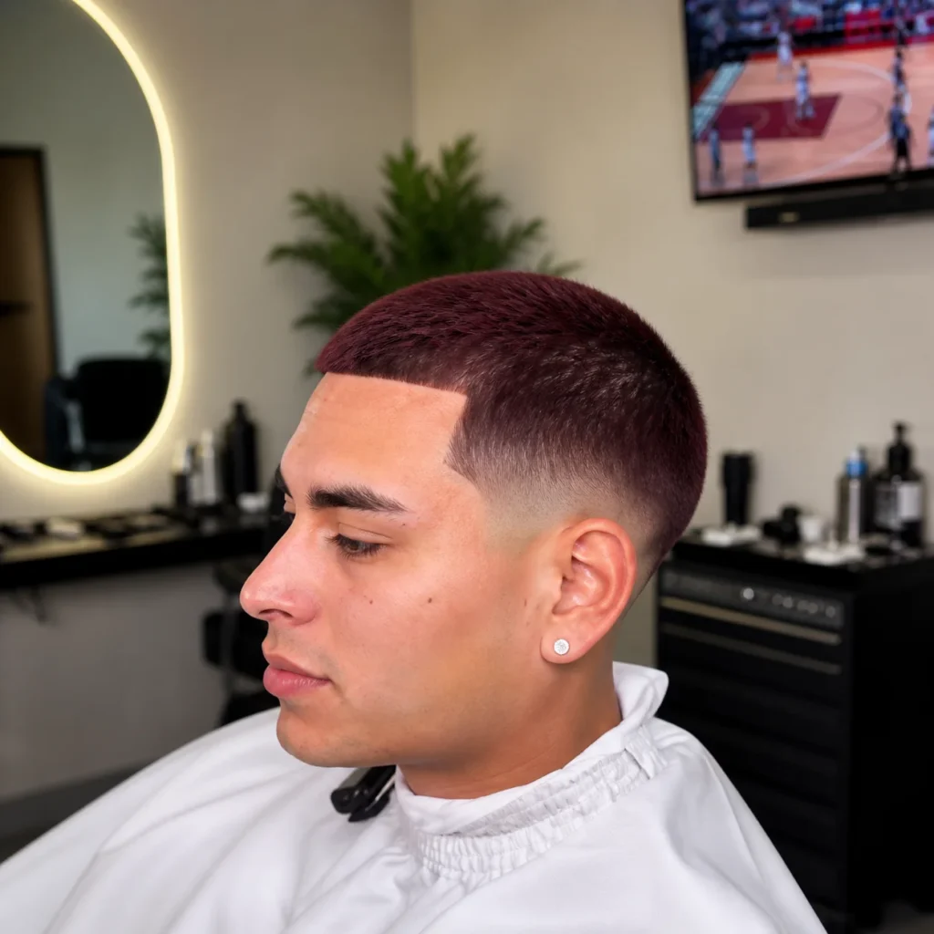 Lelaki dengan potongan rambut **low skin fade yang bersih** dan line-up yang tajam, duduk di kedai gunting rambut moden.

