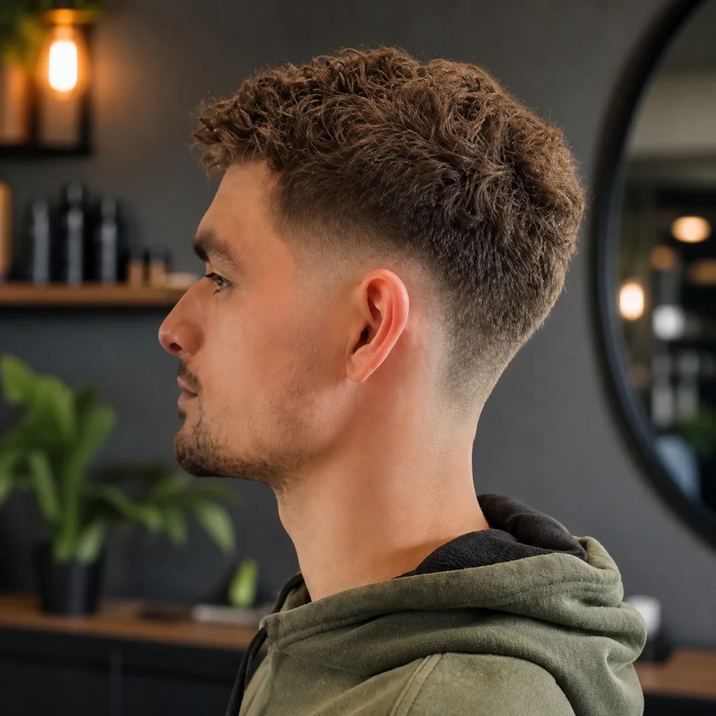 Gaya rambut **low fade** di kedai gunting rambut dengan bahagian atas bertekstur dan taper fade yang tepat serta kemas.
