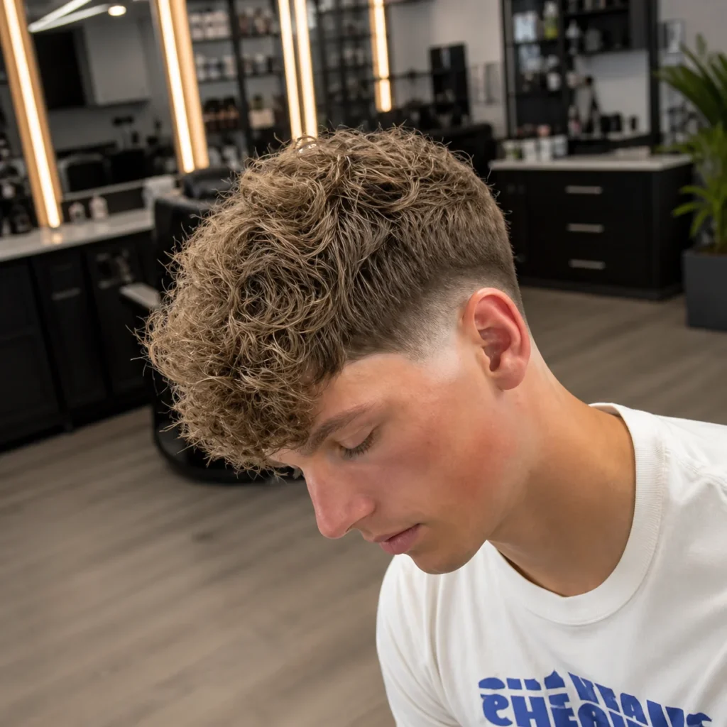 Low drop fade dengan curly textured top, menampilkan perpaduan fade yang rapi di bagian samping, pada pria muda di suasana barbershop modern – inspirasi gaya fade haircut pria yang stylish dan trendi.
