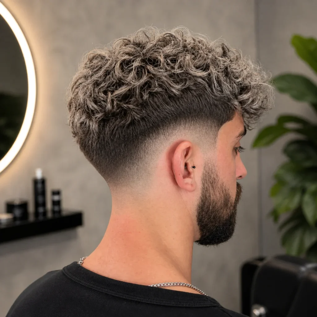 Lelaki dengan rambut kerinting bertekstur dan potongan **low skin fade**, serta janggut yang kemas dalam suasana kedai gunting rambut moden.
