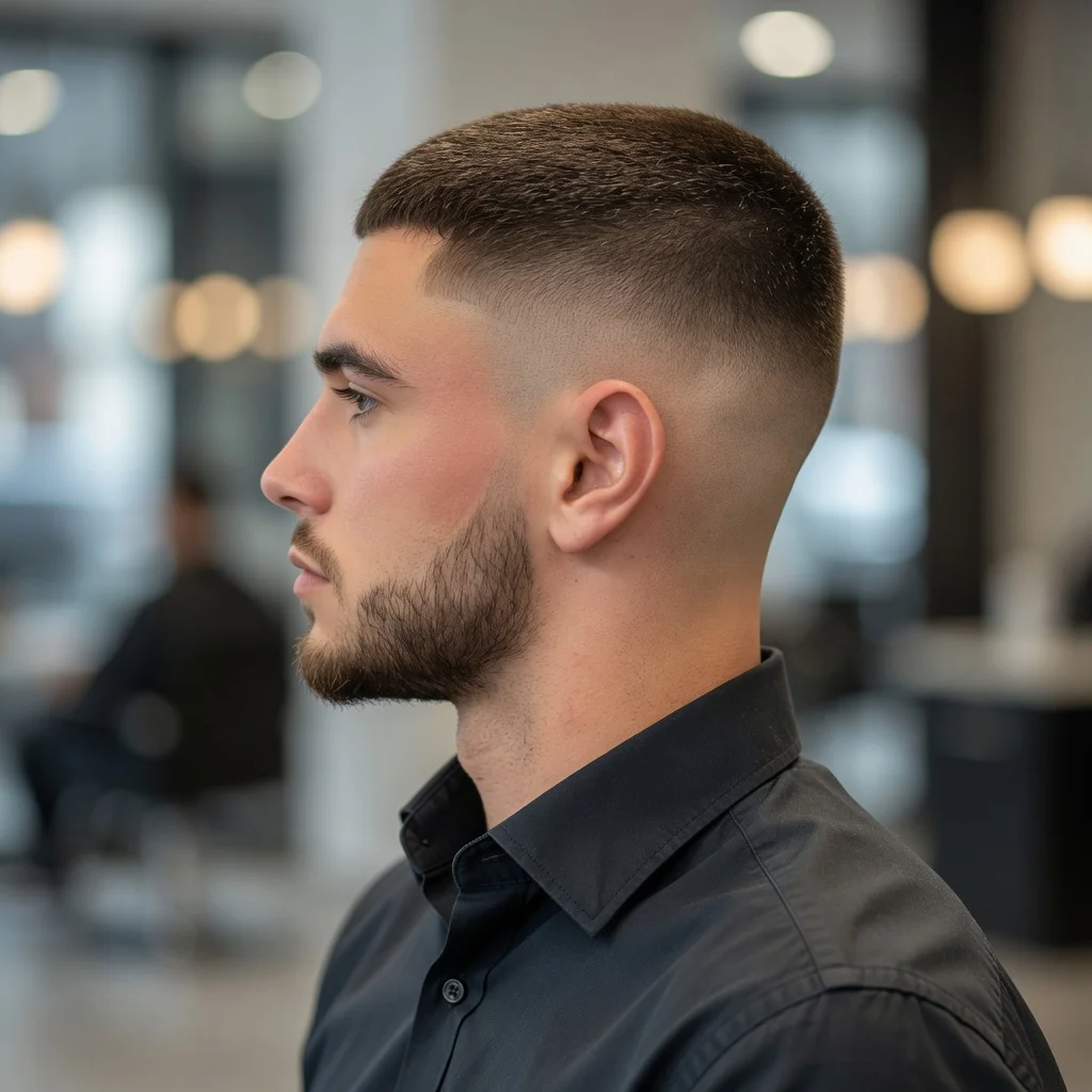 Gaya rambut low fade buzz cut untuk pria dengan sisi rambut yang pudar (fade) tajam dan bagian atas bertekstur, model dengan janggut dalam tampilan profil samping profesional.
