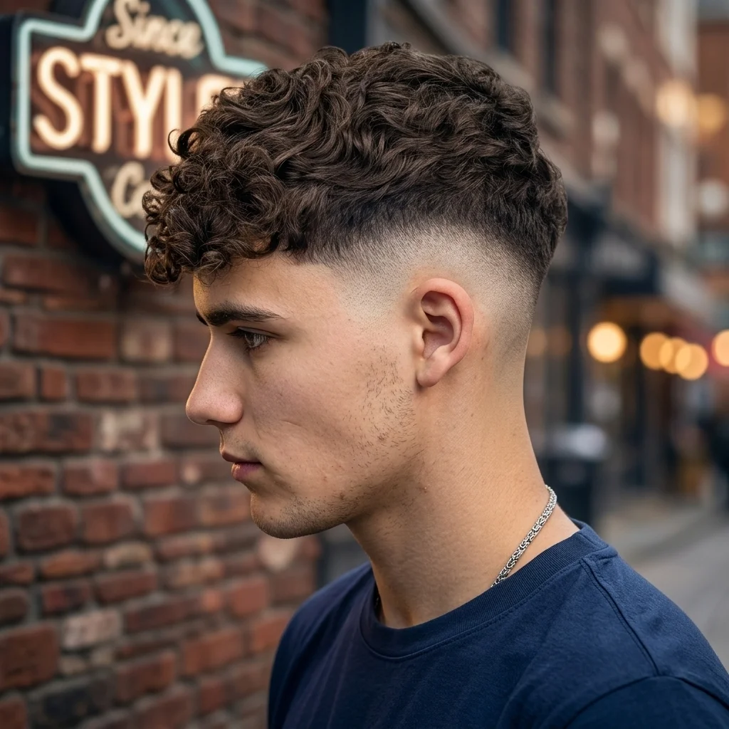 Potongan rambut low fade dengan bagian atas curly textured yang stylish dan taper rapi di sisi samping, ditampilkan dalam suasana jalanan urban – inspirasi gaya fade haircut modern untuk pria.
