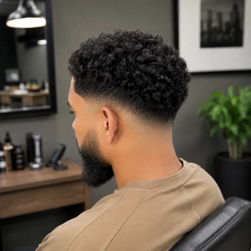 Potongan rambut curly low fade dengan perpaduan janggut yang rapi di suasana barbershop modern – gaya fade stylish untuk pria dengan ikal bertekstur dan taper fade yang tajam.

