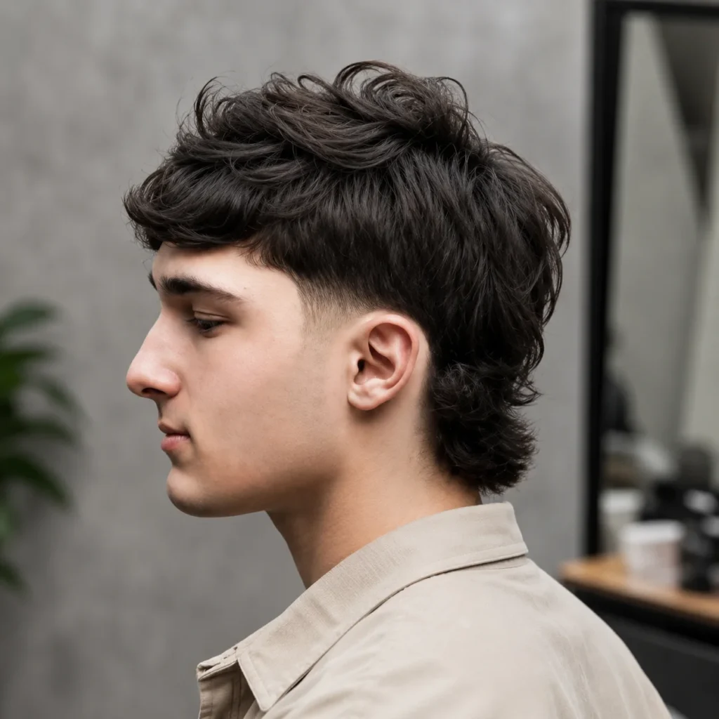 Tampak samping seorang pria muda dengan potongan rambut mullet fade modern, menampilkan rambut gelap bertekstur, sisi samping dengan taper fade yang rapi, serta bagian belakang berlapis yang stylish di suasana barbershop.
