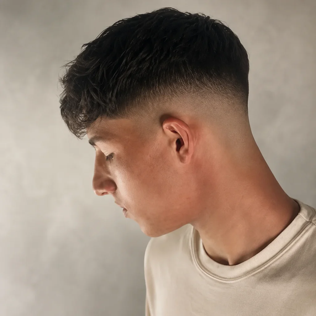 Pria muda dengan potongan rambut textured crop dan skin fade rapi, ditampilkan dari tampilan samping dengan rambut gelap dan kaos berwarna krem muda, berlatar belakang netral yang lembut.