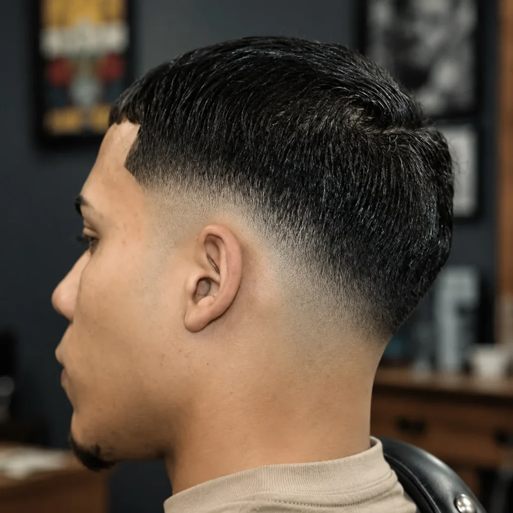 Close-up profil seorang pria muda dengan potongan rambut low drop fade yang bersih, menampilkan garis rambut yang tajam dan fade yang halus, gaya rambut sempurna untuk tampilan modern dan stylish.
