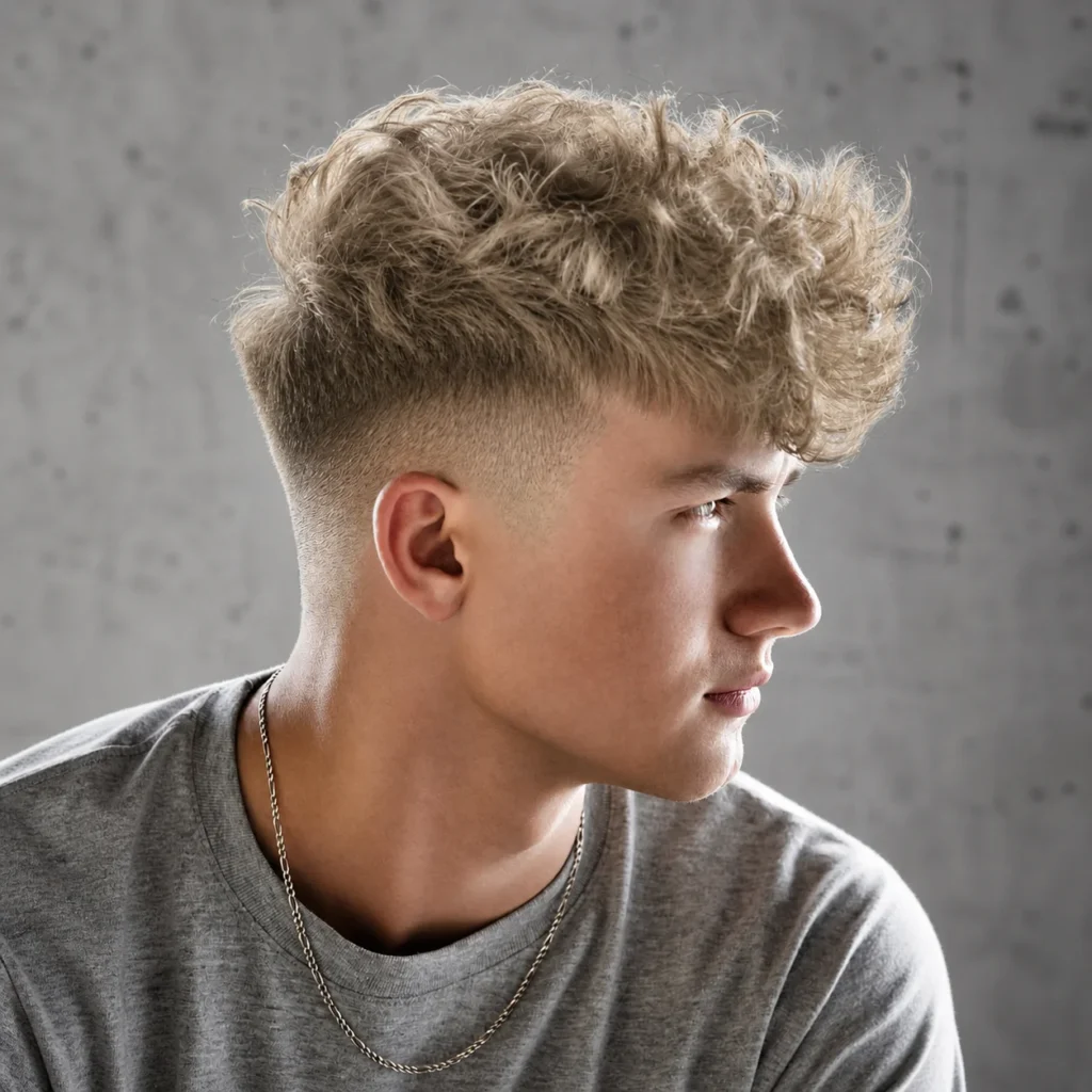 Tampak samping seorang pria muda dengan rambut curly textured di bagian atas dan potongan mid fade yang rapi, menonjolkan gaya fade yang tajam dan modern dengan latar belakang blur yang lembut.
