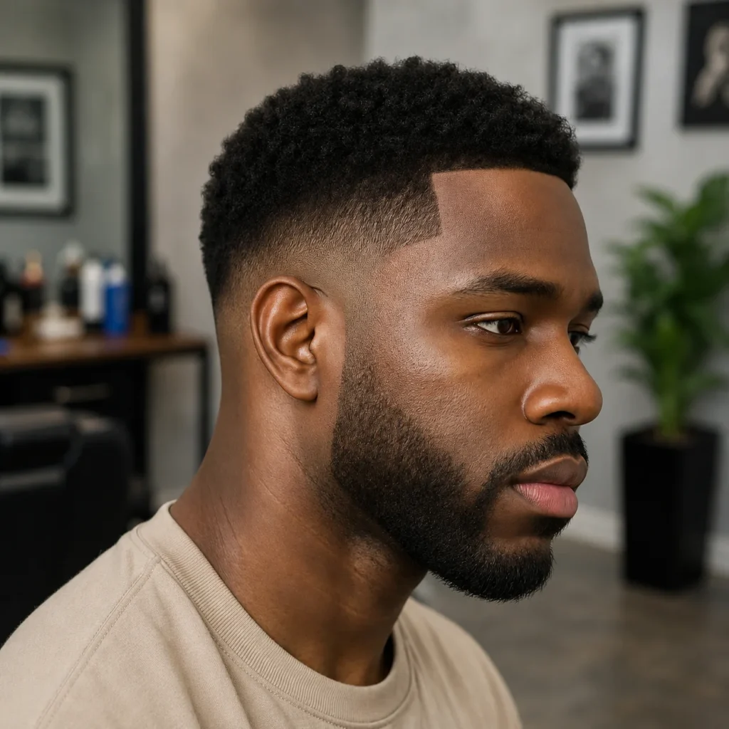 Potongan rambut low skin fade dengan bagian atas keriting bertekstur dan fade janggut tajam pada pria kulit hitam di barbershop modern – inspirasi gaya rambut taper yang rapi untuk fadehaircut.blog
