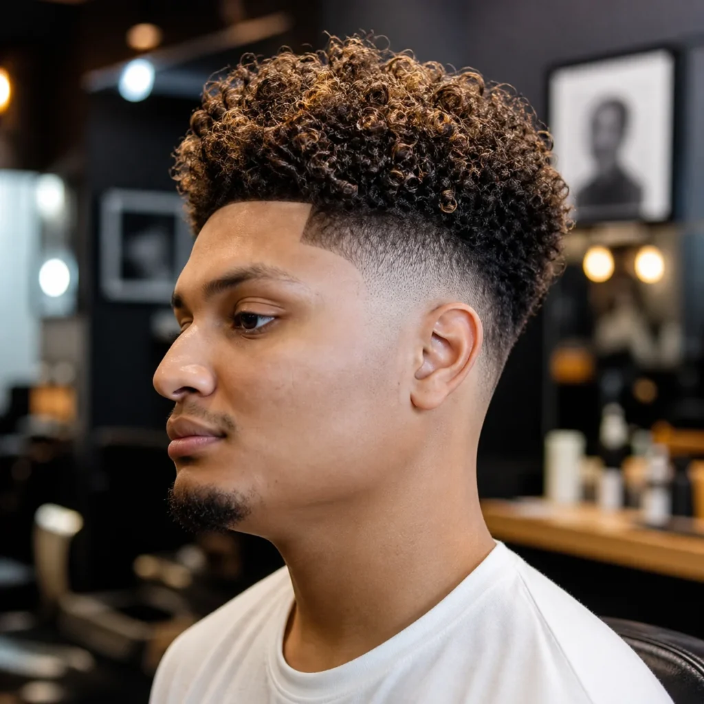 Potongan rambut curly top fade pada seorang pria muda di barbershop modern, menampilkan low skin fade yang bersih dengan garis tepi (line up) yang tajam serta rambut keriting bertekstur di bagian atas, tampilan dari sisi samping.
