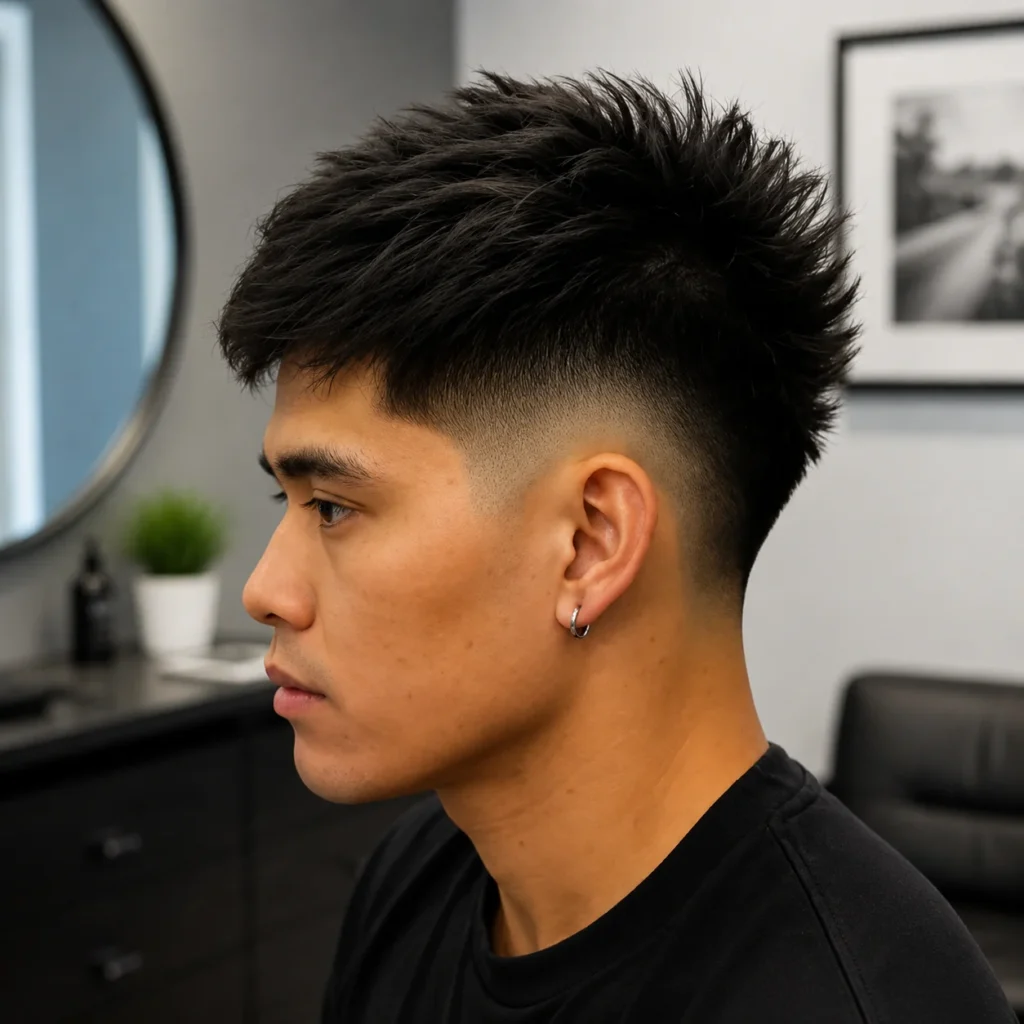 Pria muda Asia dengan potongan rambut **spiky bertekstur** dan **high fade**, tampak dari samping, mengenakan kaus hitam dan anting hoop kecil, berada di barbershop modern dengan latar belakang yang diburamkan — contoh gaya potongan rambut fade yang trendi dan rapi.
