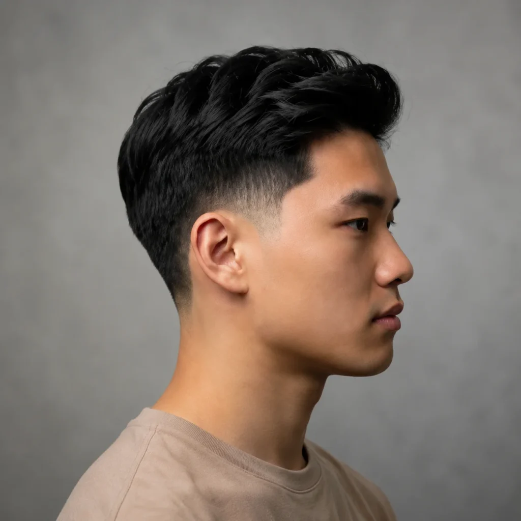 Tampak samping seorang pria muda dengan potongan rambut **fade** modern, rambut hitam, mengenakan kaus berwarna krem (beige), dengan latar belakang abu-abu yang halus — cocok untuk menampilkan gaya rambut yang trendi dan modern.