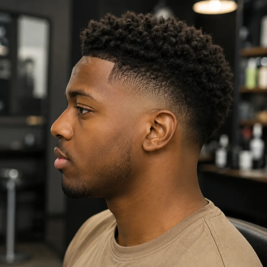 Pria muda berkulit hitam dengan potongan rambut **curly fade** yang tajam dan rambut wajah yang dipangkas rapi, berpose di barbershop modern dengan latar belakang yang dibuat buram (blur).