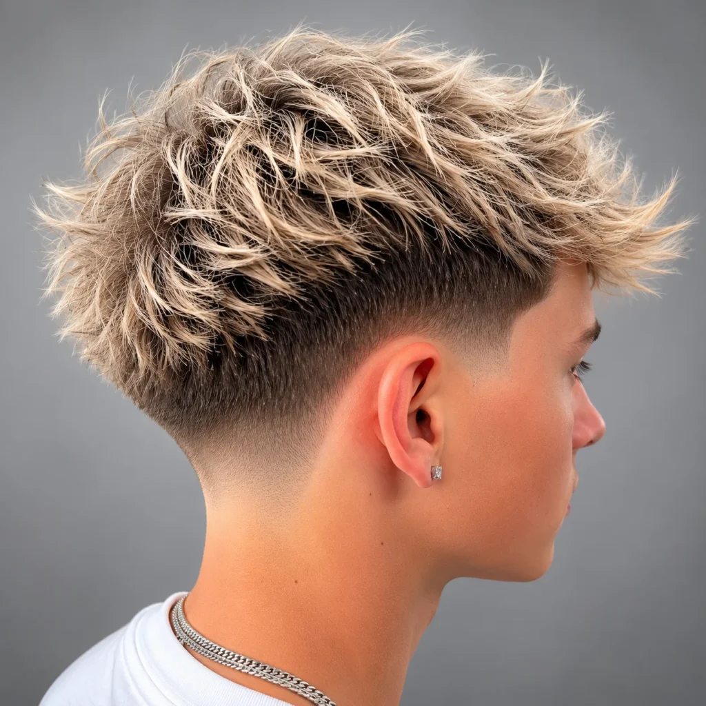 Tampak samping seorang pria muda dengan rambut bertekstur warna **ash blonde** yang ditata dengan potongan **high fade** modern, mengenakan kaus putih dan aksesori perhiasan yang sederhana, dengan latar belakang studio abu-abu yang halus — sempurna untuk menampilkan gaya potongan rambut fade yang trendi dan modern.